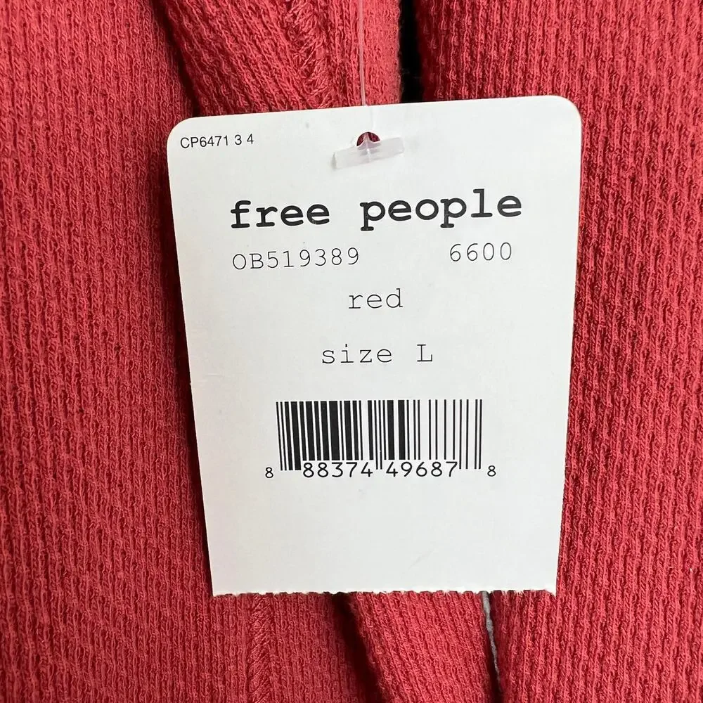 Free People Red Long Sleeve Waffle Knit Cotton Blend Bandana Cuff Top Sz L NEW
